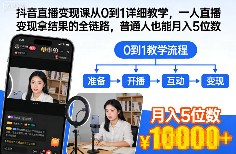 抖音直播变现课从0到1详细教学，一人直播变现拿结果的全链路，普通人也能月入5位数-麦子社区