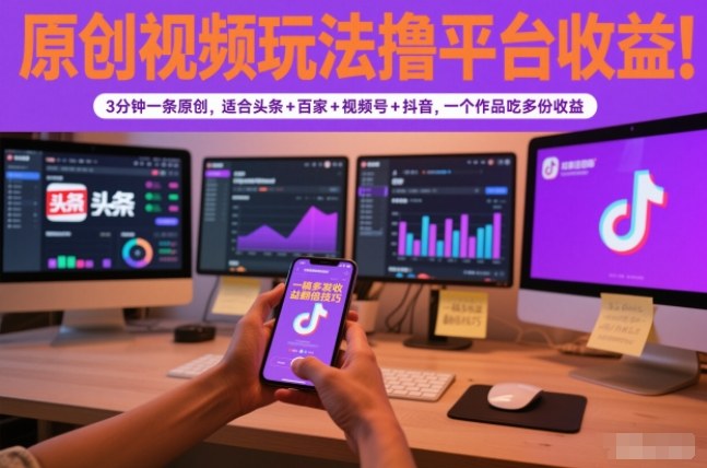 原创视频玩法撸平台收益,3分钟一条原创,适合头条+百家+视频号+抖音,一个作品吃多份收益-麦子社区