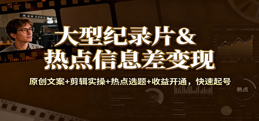 大型纪录片&热点信息差变现：原创文案+剪辑实操+热点选题+收益开通，快速起号-麦子社区