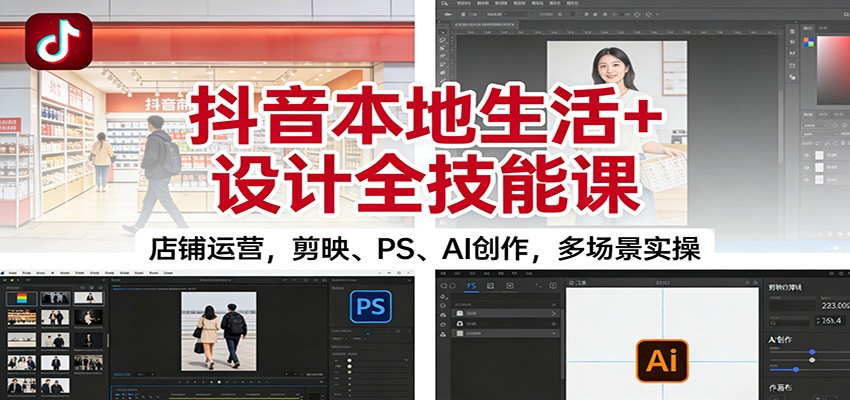 抖音本地生活+设计全技能课：店铺运营，剪映、PS、AI创作，多场景实操-麦子社区