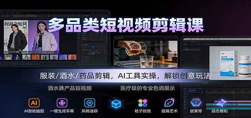 多品类短视频剪辑课:服装/酒水/药品剪辑,AI工具实操,解锁创意玩法-麦子社区